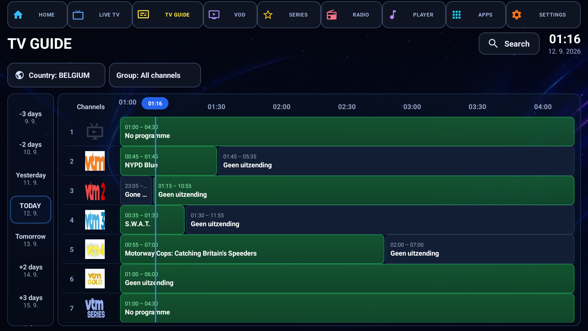 The TV guide: a grid of channels and hours, with a rail of days down the left side and today highlighted in the middle.