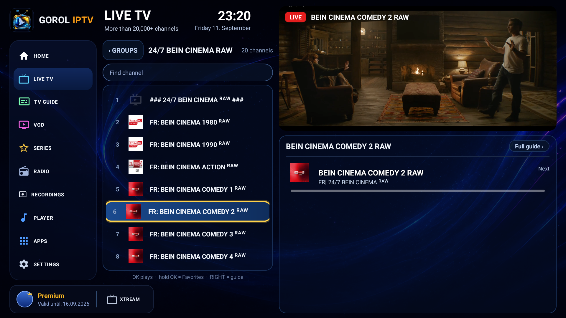 GOROL IPTV Player on a television: the channel list on the left, the channel playing on the right, with the programme guide underneath.