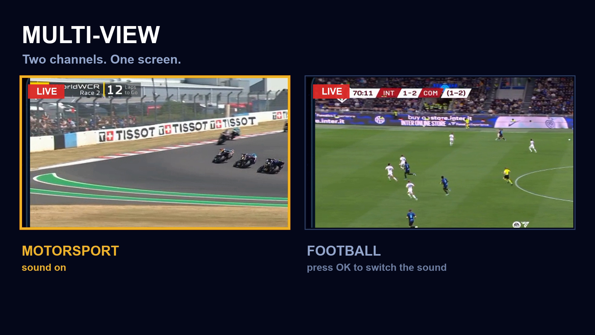 Multi-view: two live channels side by side on one screen, the left window outlined in gold to show it is the one you hear.