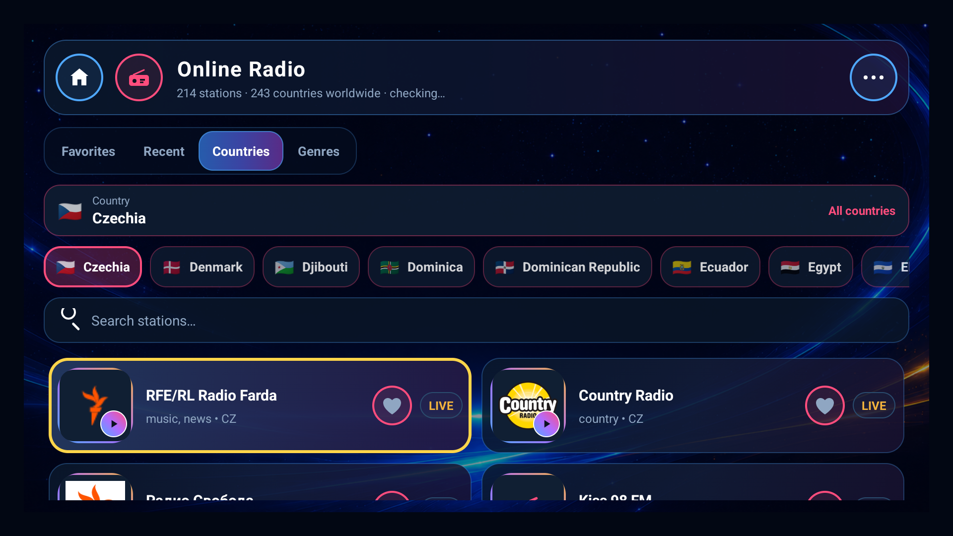 The online radio screen: country chips across the top and a grid of stations with their logos.