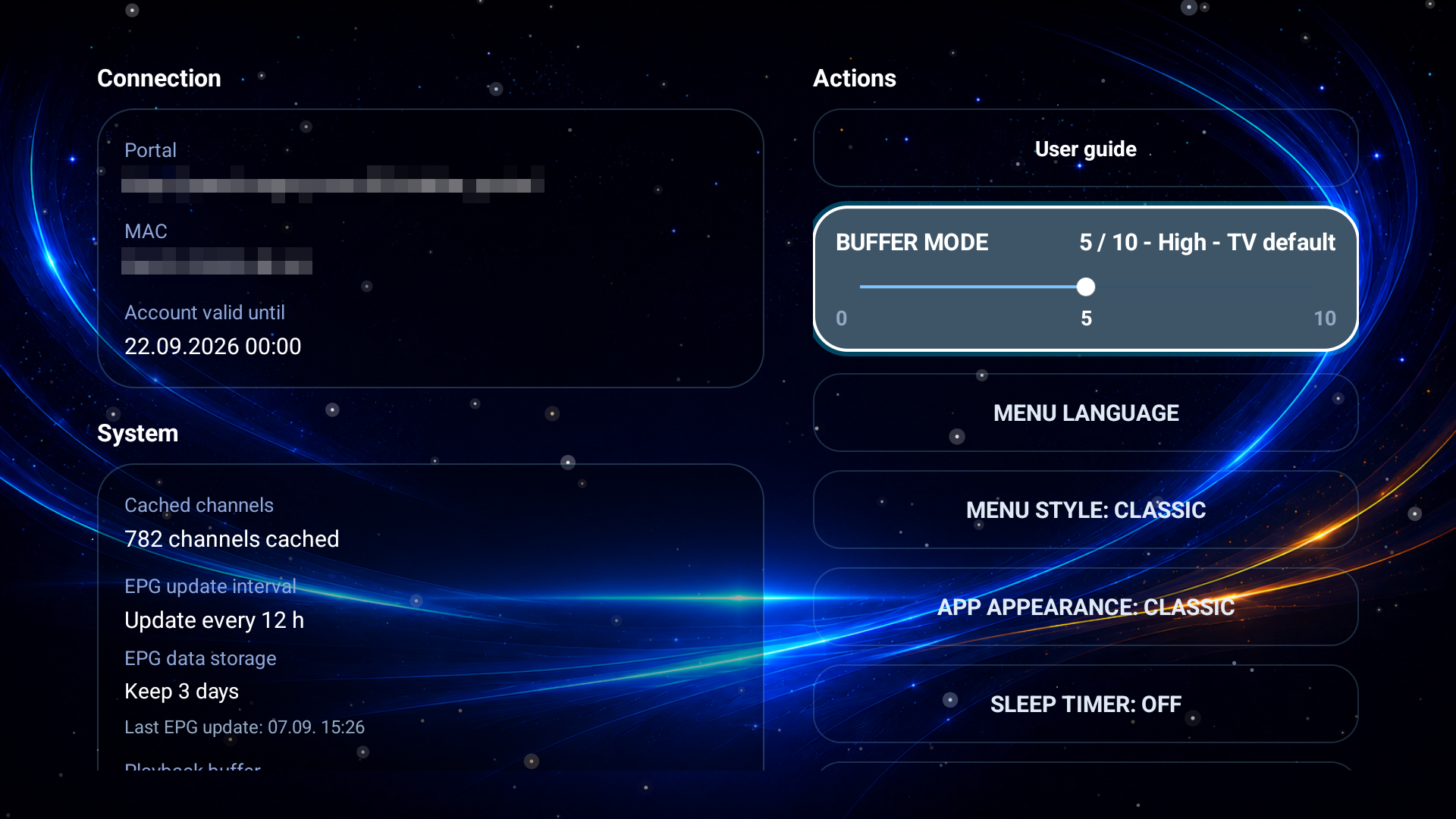 The settings screen: connection and system information on the left, and buttons for buffer mode, menu language, menu style, app appearance and sleep timer on the right.