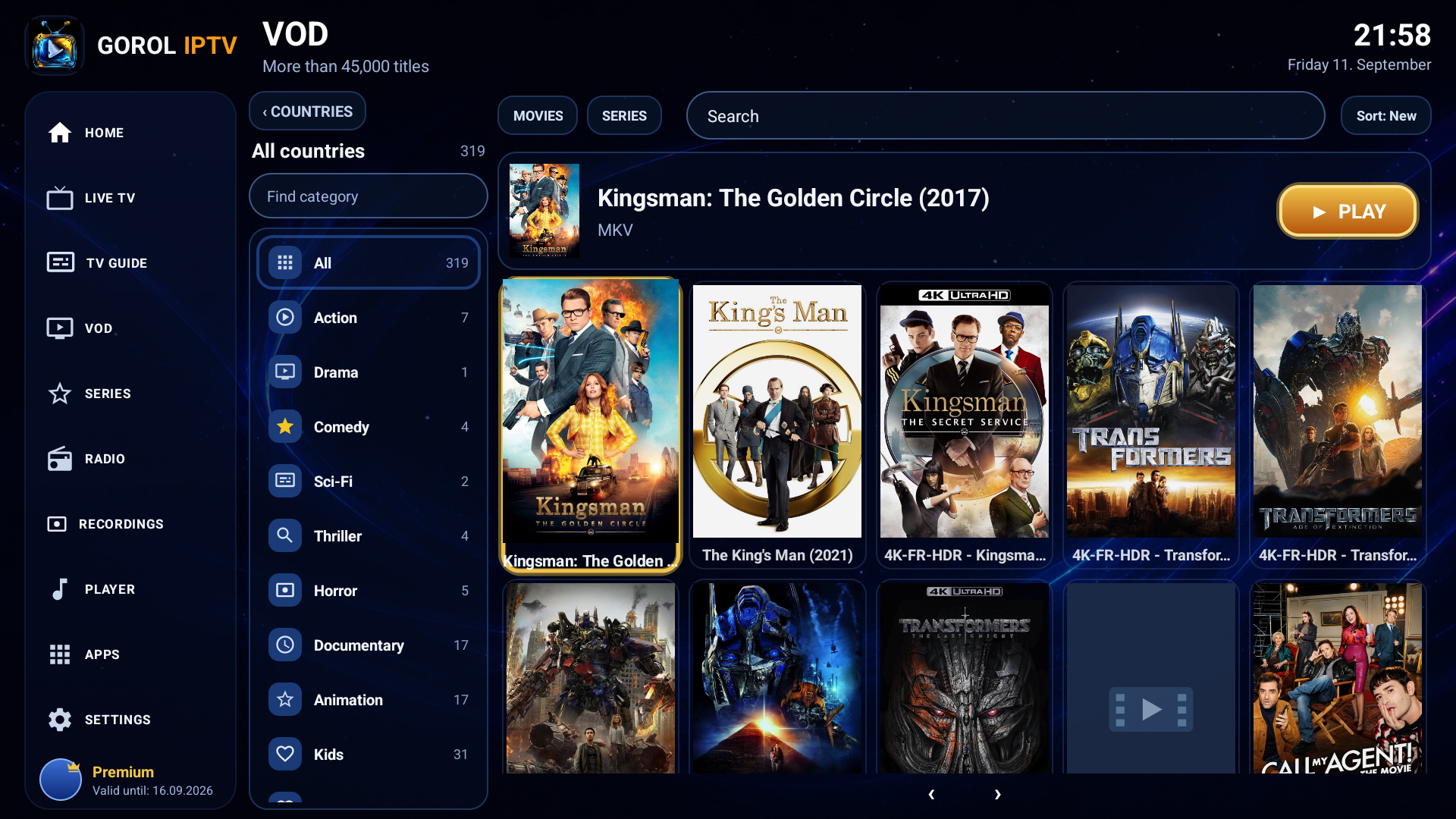 The film catalogue: a grid of posters with countries and genres listed down the left and the selected film shown above.